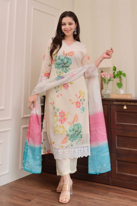 Elegant Floral Organza Dupatta Suit Set with Handwork