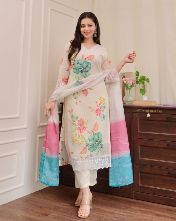 Elegant Floral Organza Dupatta Suit Set with Handwork