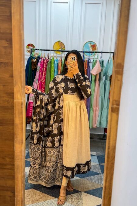 Elegant Black & Beige Printed Cotton Kurti Set with Dupatta