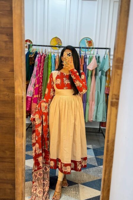 Elegant Red & Beige Printed Cotton Kurti Set with Dupatta