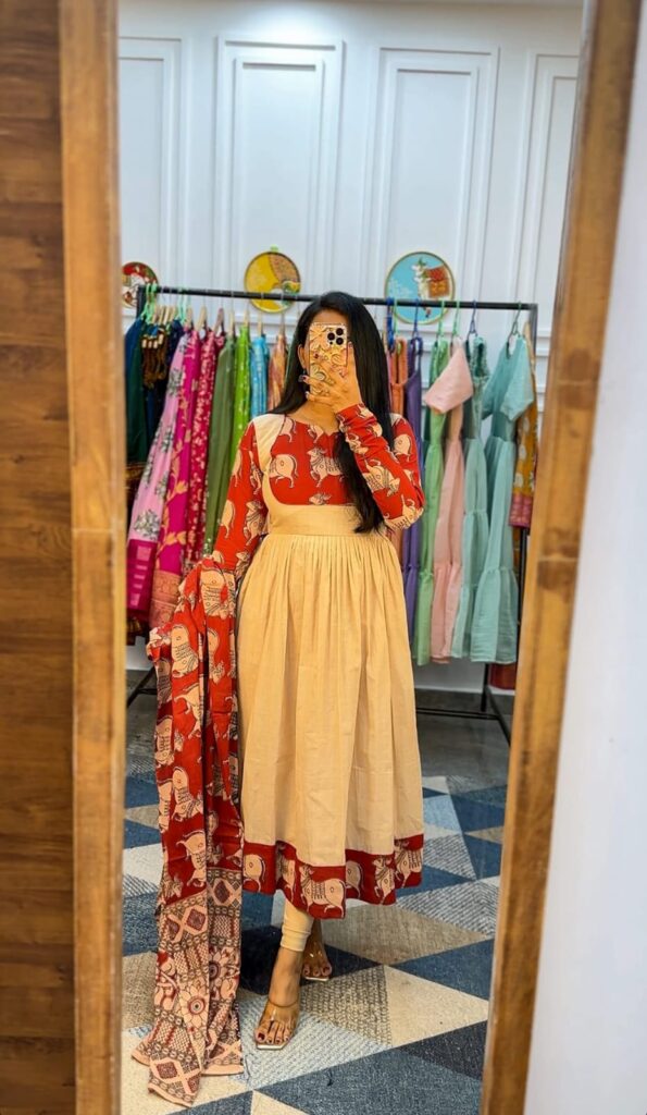 Elegant Red & Beige Printed Cotton Kurti Set with Dupatta