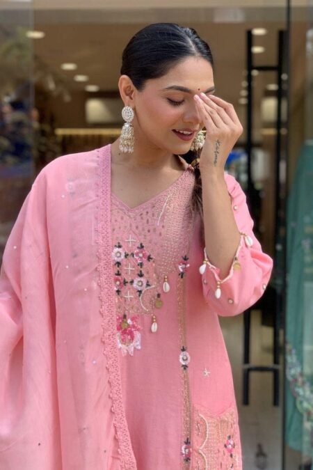 Pink Pure Roman Silk Embroidered Suit with Dupatta – Cowry & Sequin Festive Wear for Women