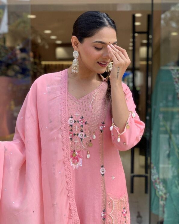 Pink Pure Roman Silk Embroidered Suit with Dupatta – Cowry & Sequin Festive Wear for Women