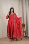 Red Embroidered Anarkali Suit Set for Women | Roman Silk Gown with Dupatta (3 Piece)