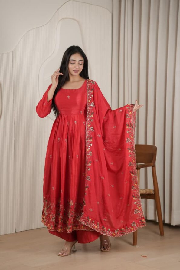 Red Embroidered Anarkali Suit Set for Women | Roman Silk Gown with Dupatta (3 Piece)