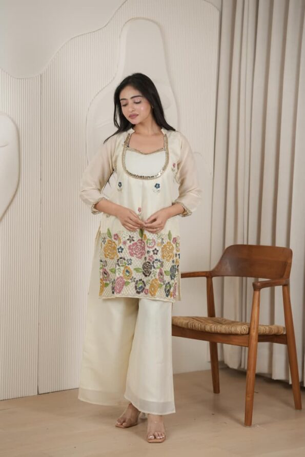 Elegant White Roman Silk Embroidered & Hand Work Co-Ord Set – Festival & Ethnic Wear for Women
